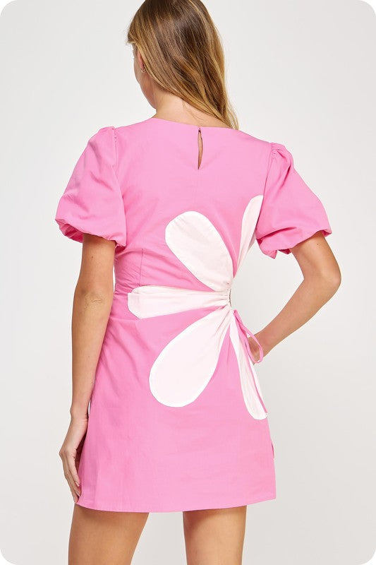 Side Cut-Out Flower Mini Dress- Pink