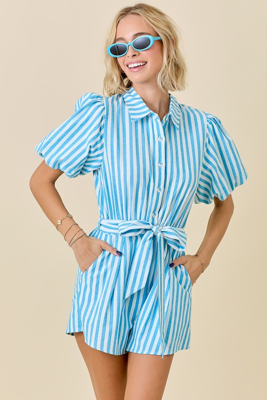 Striped Bubble Sleeve Romper- Blue