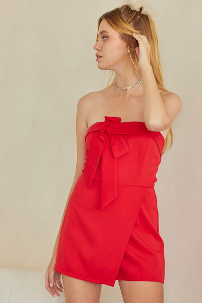 Red Bow Front Strapless Romper