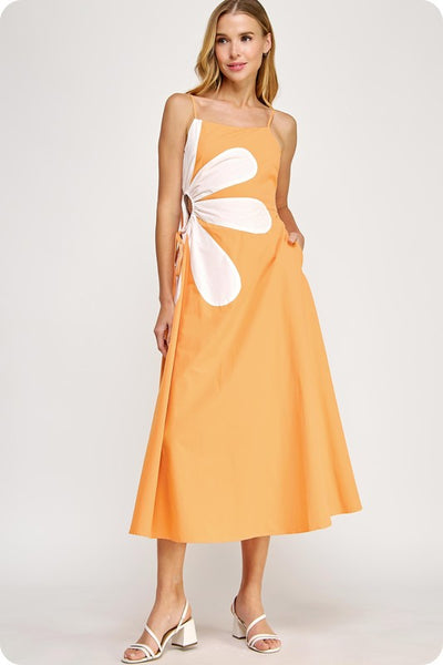Sleeveless Side Cut-Out Flower Midi Dress- Orange