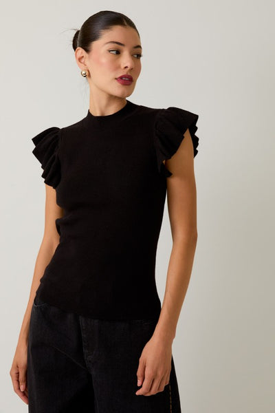 Mock Neck Ruffle Sleeve Knit Top- Black