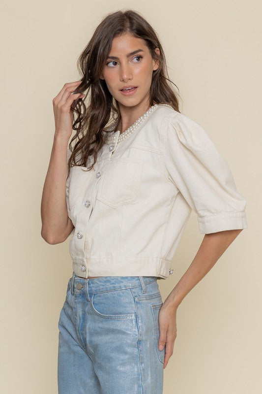 Pearl Neck Puff Sleeve Denim Top