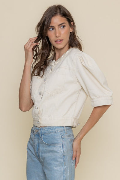 Pearl Neck Puff Sleeve Denim Top