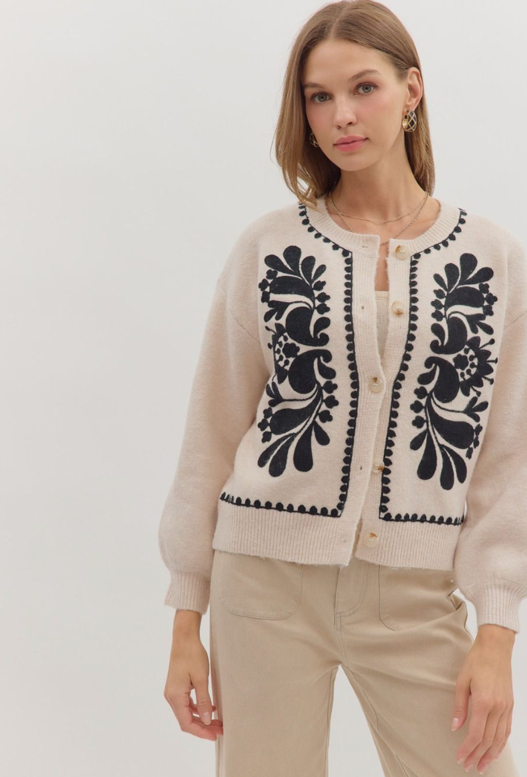 Cream and Black Embroidered Sweater Cardigan