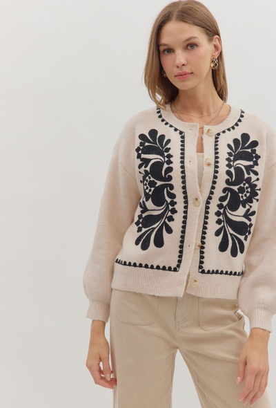 Cream and Black Embroidered Sweater Cardigan