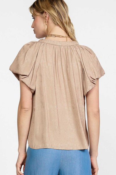Jacquard Bubble Sleeve Top-Sandy Taupe