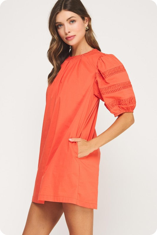 Orange Reverse Pintuck Puff Sleeve Mini Dress