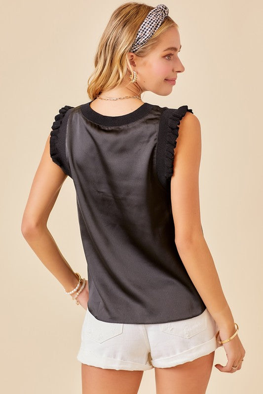Ruffle Trimmed Satin Top -Black