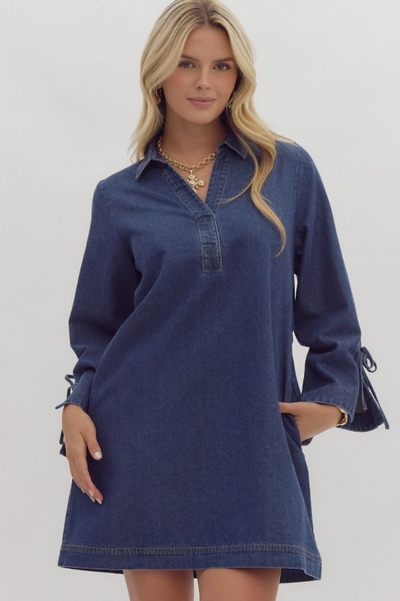 Denim Long Sleeve Waist Tie Dress