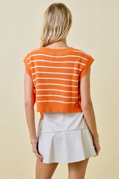 Striped V-Neck Side Tie Sweater Top- Orange/White