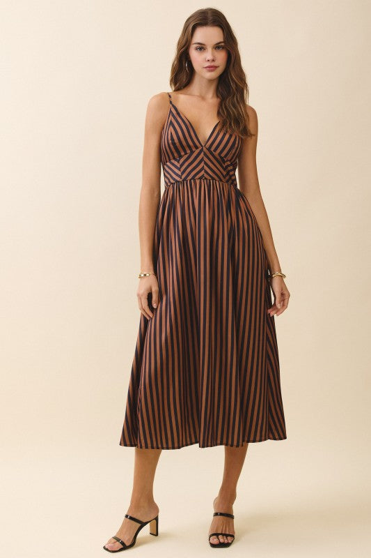 Striped V Neck Smocked Back Midi Dress