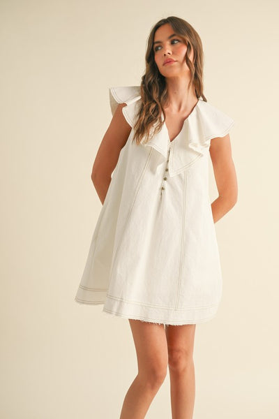 Off White Denim Ruffled Collar Dress