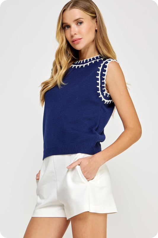 Navy Embroidered Sleeveless Knit Tank Top