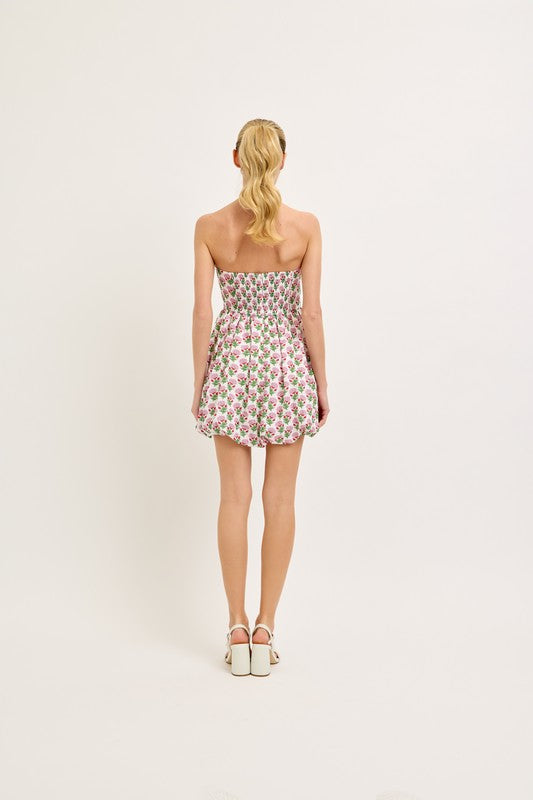 Strapless Floral Bubble Hem Mini Dress