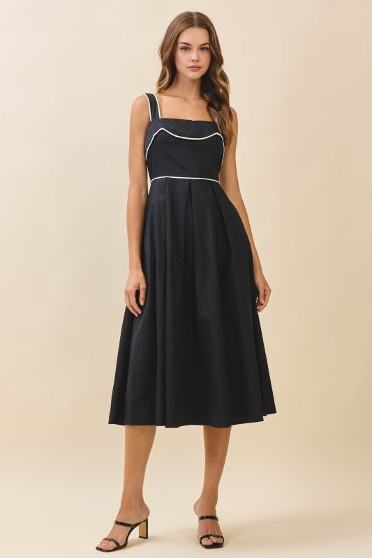 Black Contrast Piping Midi Dress