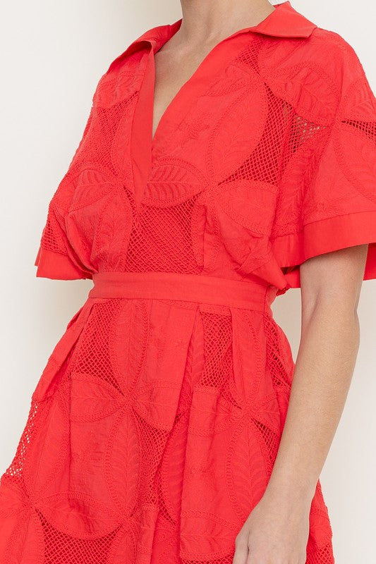 Red V-Neck Placket Collar Mini Dress
