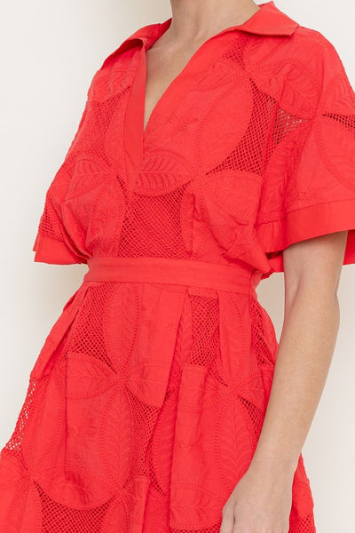 Red V-Neck Placket Collar Mini Dress