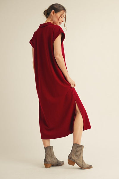 Burgundy Collared Midi Dress