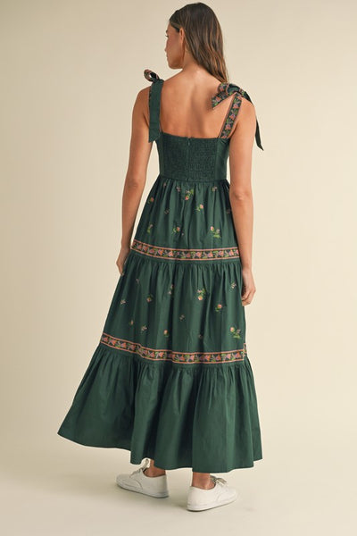 Hunter Green Embroidered Tiered Maxi Dress