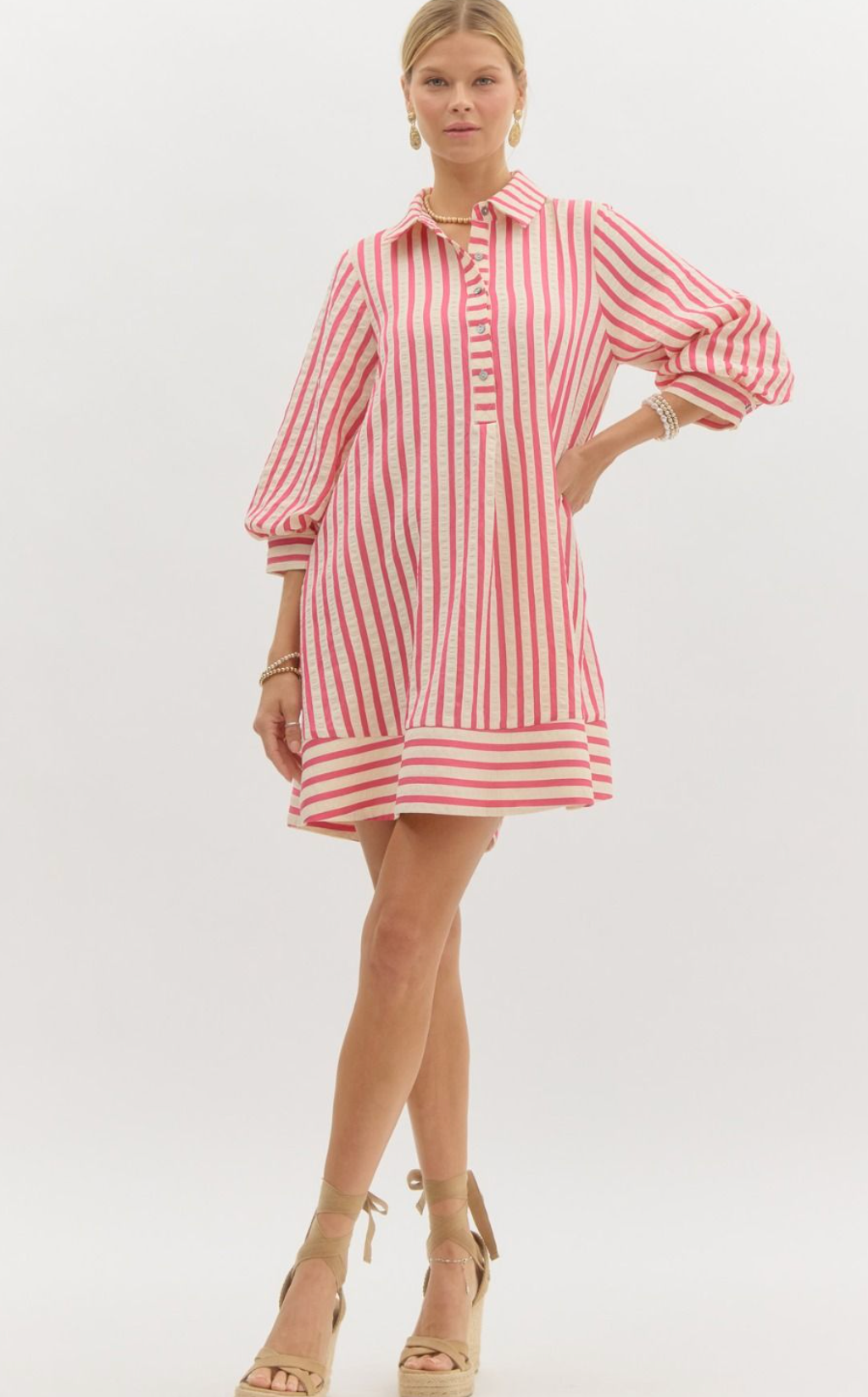 Pink Striped Seersucker Long Sleeve Mini Dress