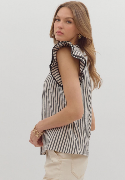 Black Striped Flutter Sleeve Top