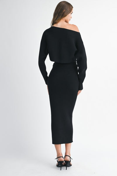 Crop Knit Top And Midi Skirt Set- Black