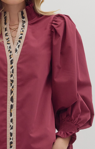 Burgundy Cheetah Print Accent Top