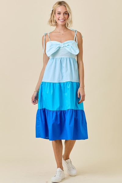 Blue Color Blocked Tiered Midi Dress