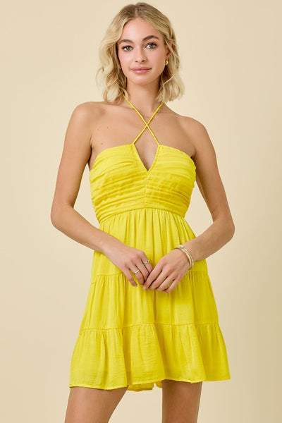 Ruched Halter Mini Dress- Lemon Yellow