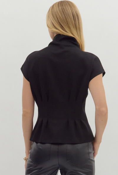 Black Pleated Waist Mock Neck Top