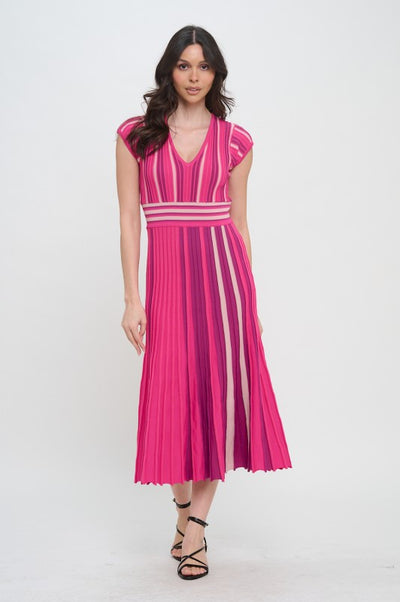 Burgundy and Pink Multi Stripe Knit Midi Dress