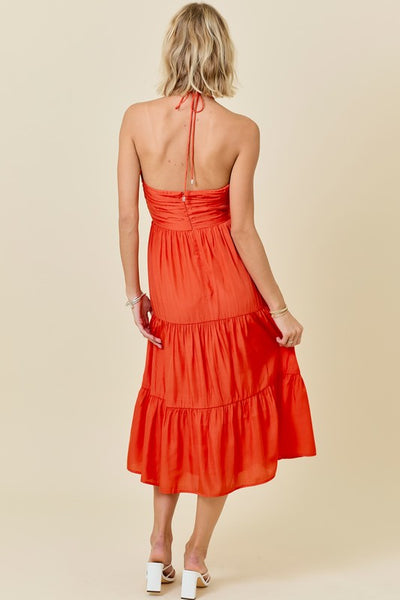 Orange Halter Tiered Midi Dress