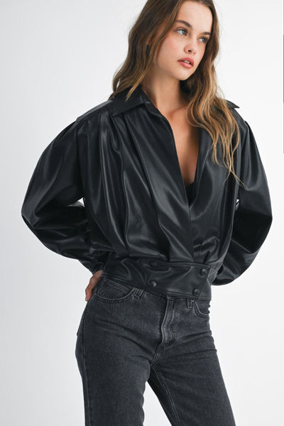Black Faux Leather Pleated Bomber Jacket