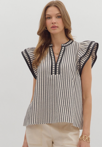 Black Striped Flutter Sleeve Top