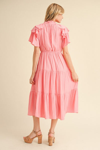 Pink Ruffle Sleeve Tiered Midi Dress