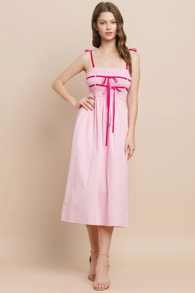 Velvet Trim Midi Dress- Pink