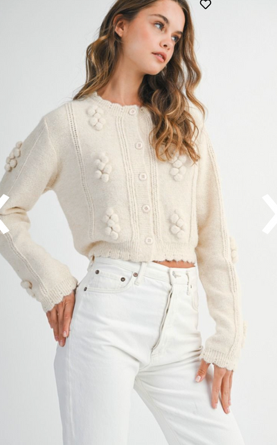 Pom Pom Detail Cardigan- Cream