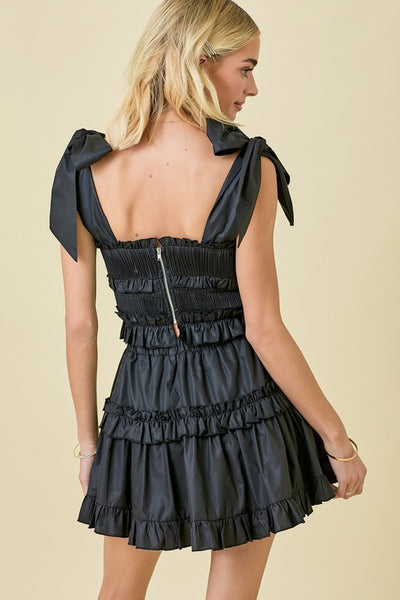 Micro Pleated Shoulder Tie Top- Black