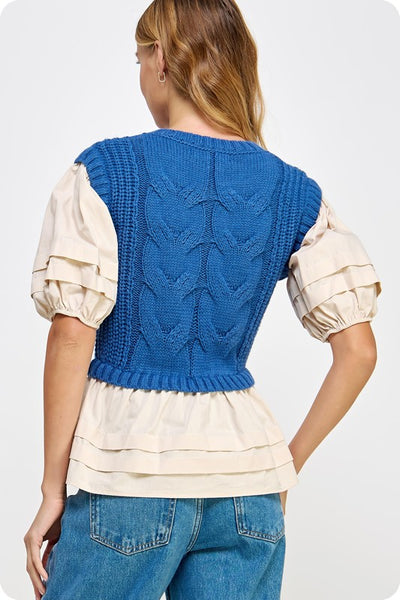 Mixed Fabric Cable Knit Top