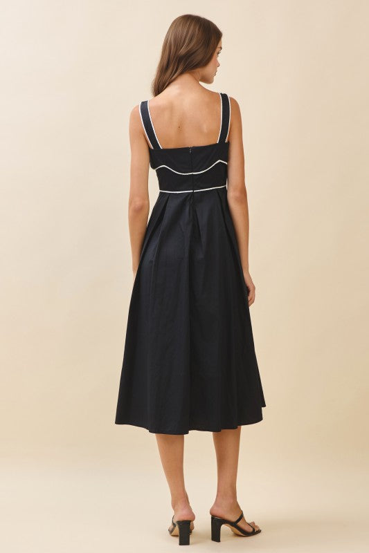 Black Contrast Piping Midi Dress