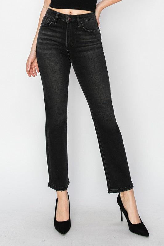 High Rise Crop Straight Jeans- Black