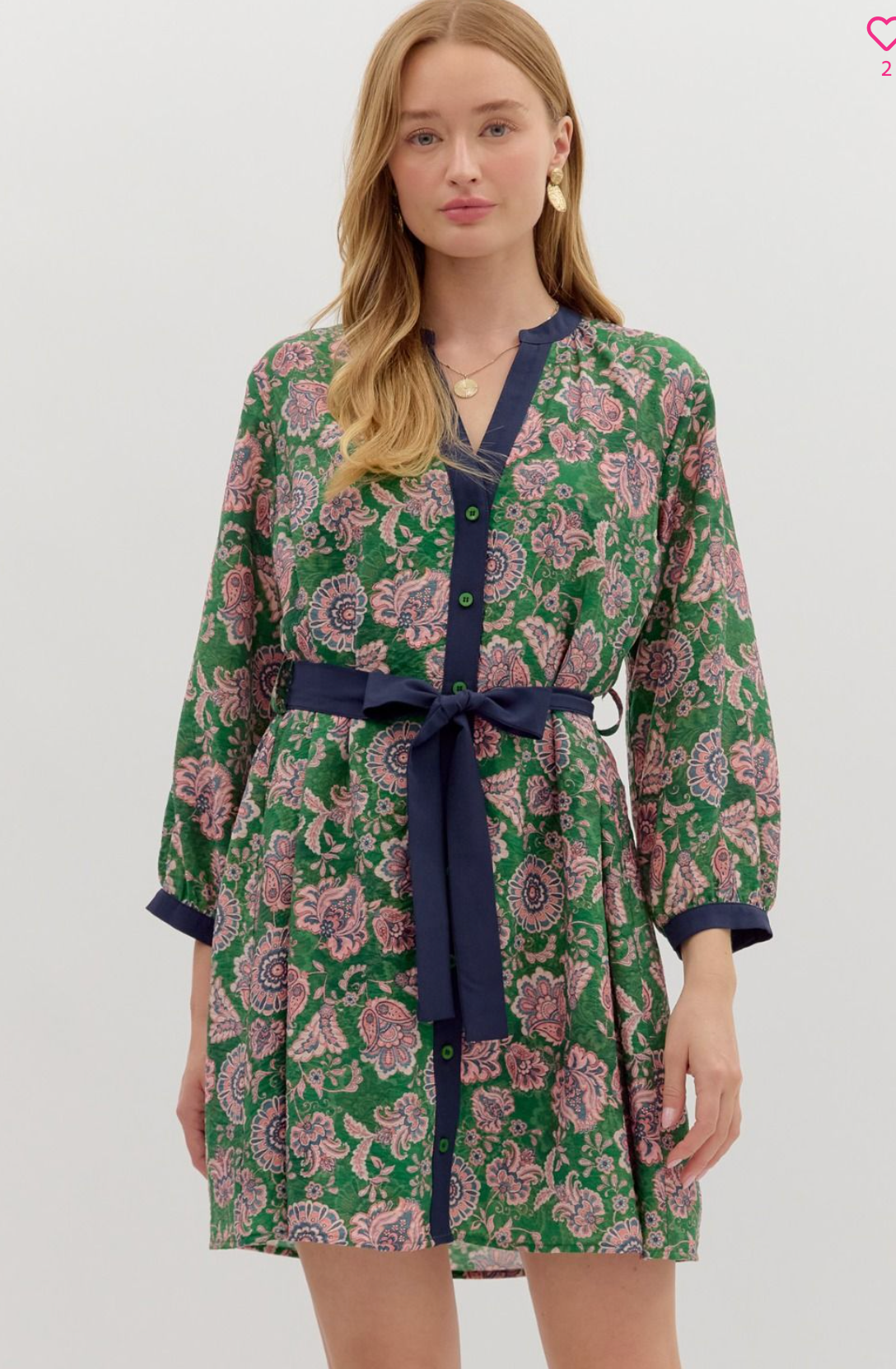 Paisley Pattern Button Front Dress-Green