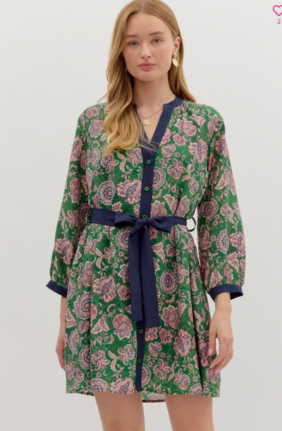 Paisley Pattern Button Front Dress-Green
