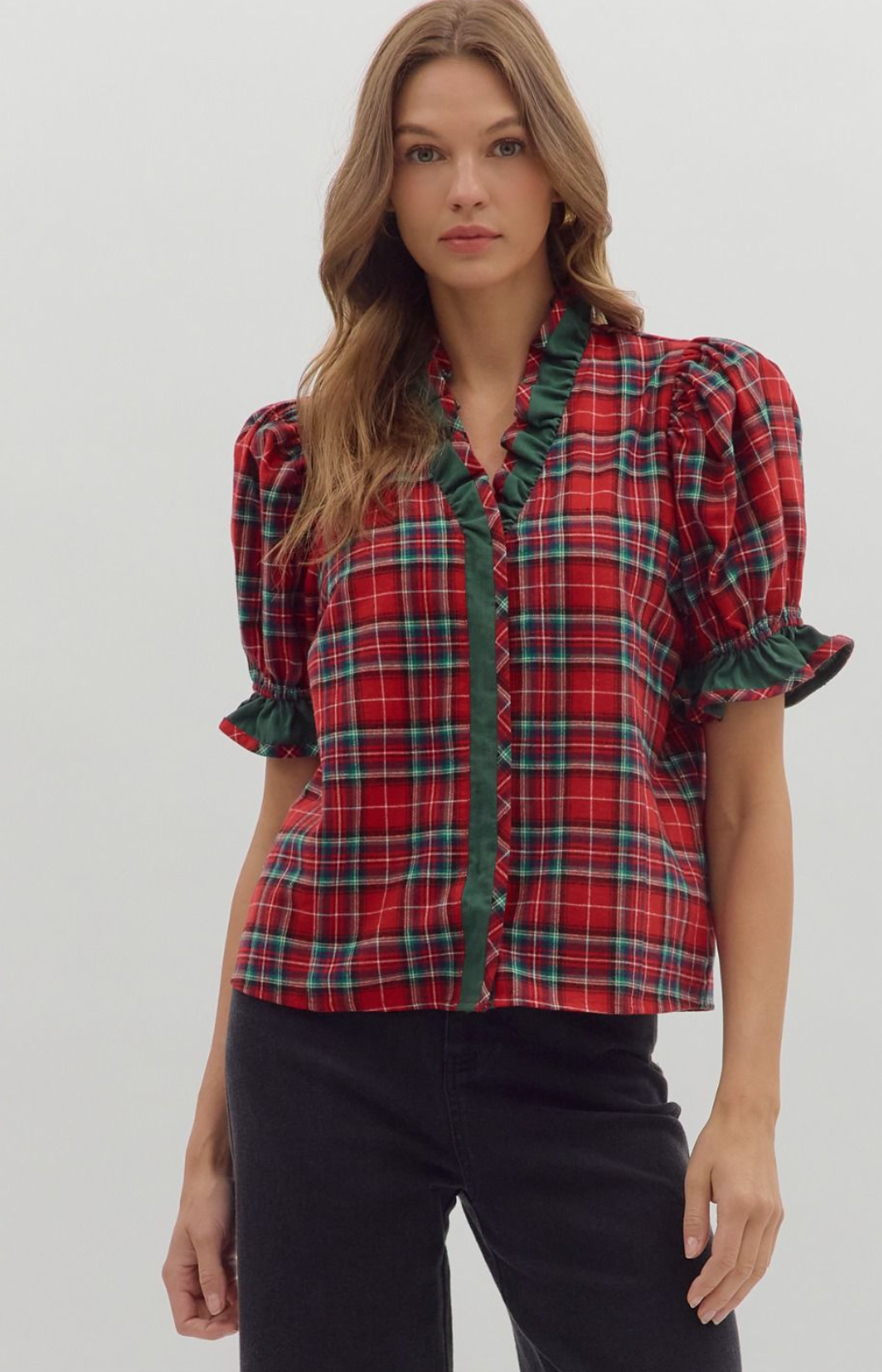 Red Plaid Puff Sleeve Top