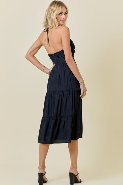 Black Halter Tiered Midi Dress