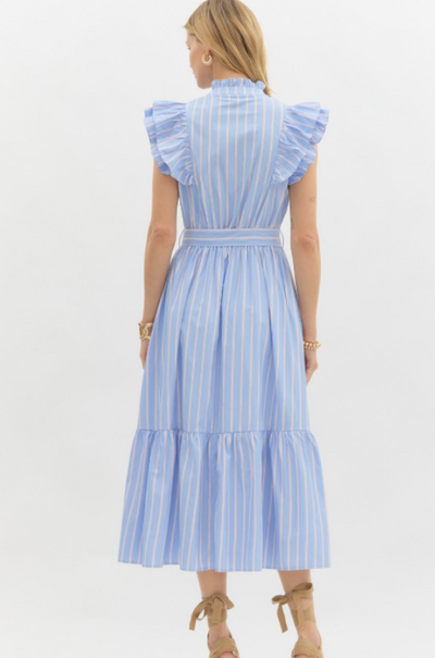 Blue Striped Flutter Sleeve Midi Dress