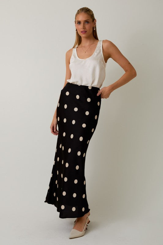 Black Satin Polka Dot Maxi Skirt