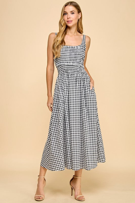 Gingham Smocked Bodice Midi Dress- Black/White