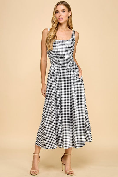 Gingham Smocked Bodice Midi Dress- Black/White