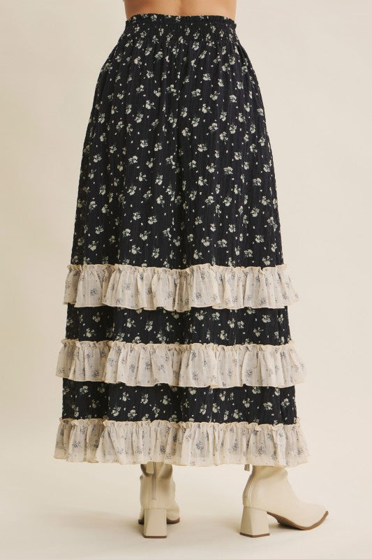Smocked Floral Maxi Skirt With Ruffle Contrast